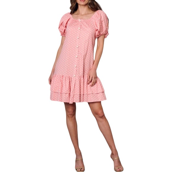 Pink White Dots Button Up Mini Dress - Picture 3 of 4